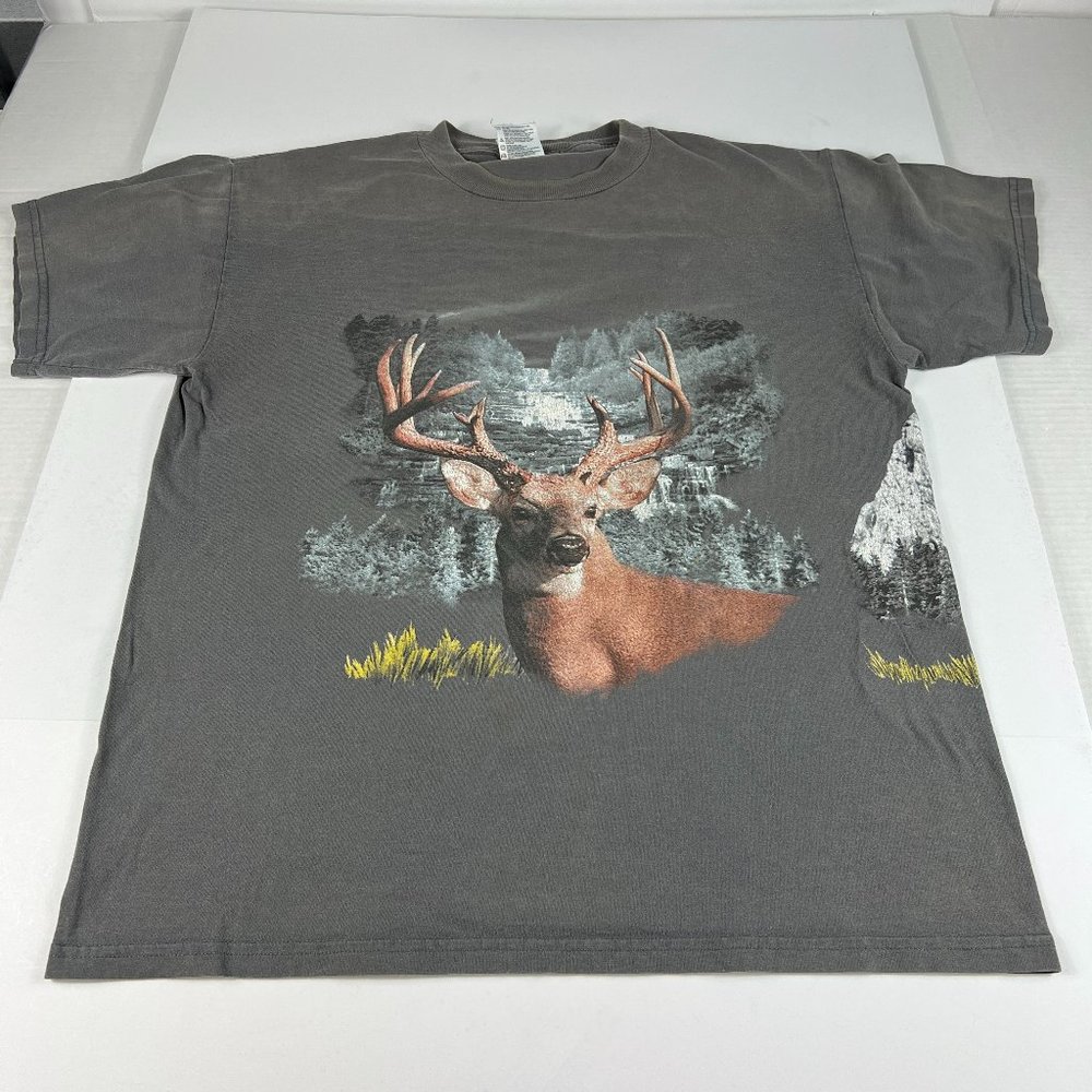 VTG TNT Deer Nature Wrap Around Shirt Adult Large Black Faded Short Sleeve Tee